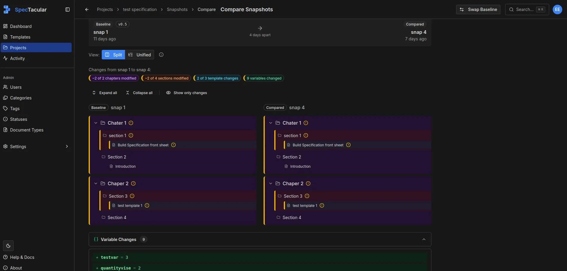 Snapshot comparison view and PDF export showing styling options