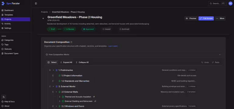 Project details page showing document composition with chapters, sections, and templates