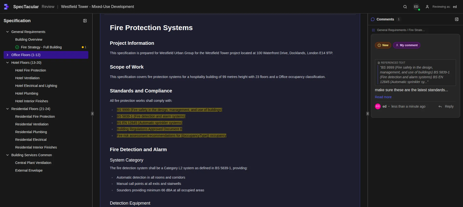 Review interface showing stakeholder comments and approval status