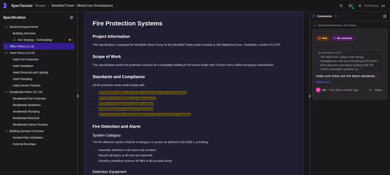 Review interface showing stakeholder comments and approval status