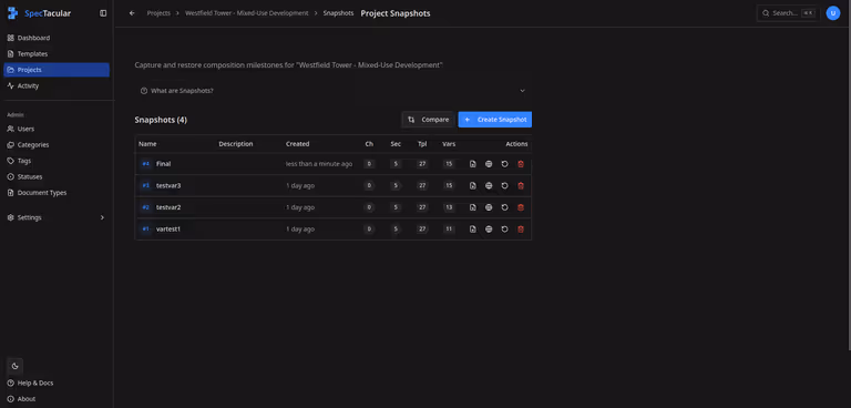 Export panel showing snapshot versioning and document format options