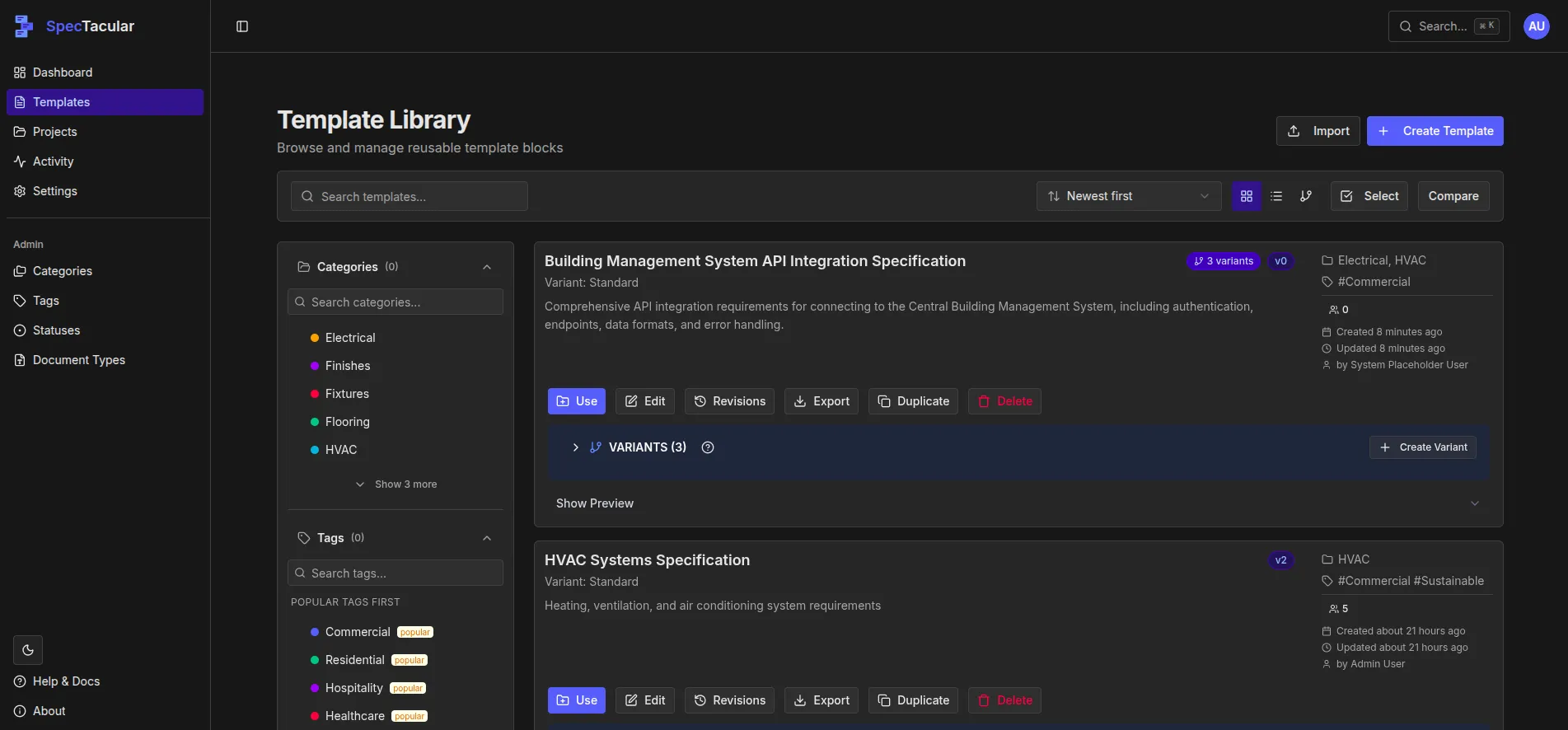 Template library with categories and variants